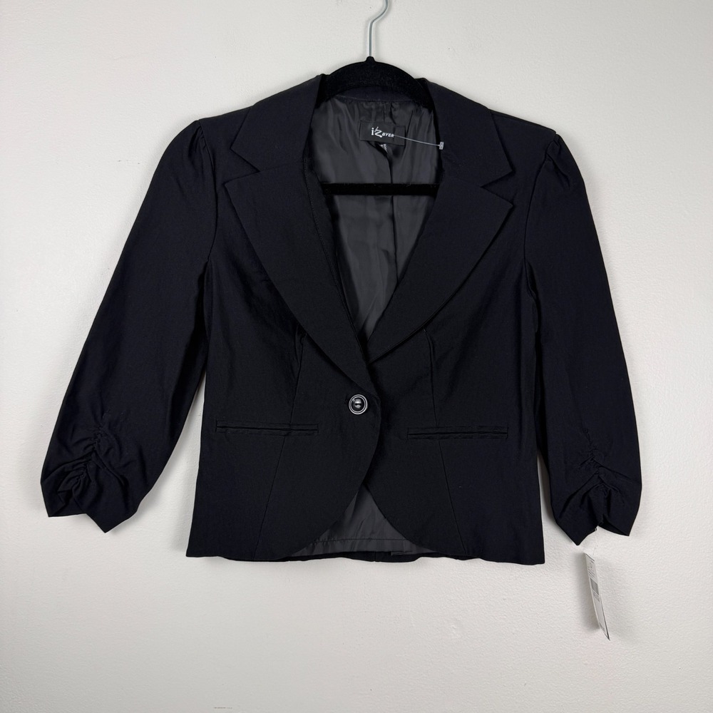 Iz Byer Cropped Blazer Jacket Women's M Black Stretch Ruched Sleeve Notch Lapel